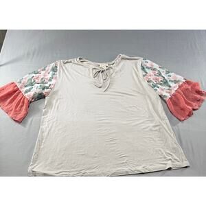 Women’s XL Boho Floral Bell Sleeve Blouse Tie Neck Pink Beige Cottagecore Top